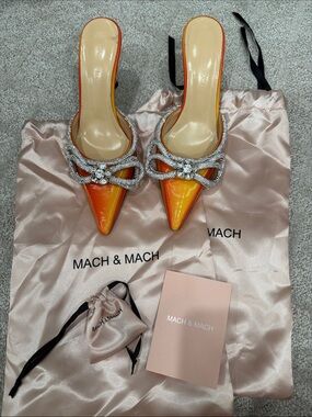 MACH & MACH Orange-Gradient Crystal Bow Pointed Mule Heels